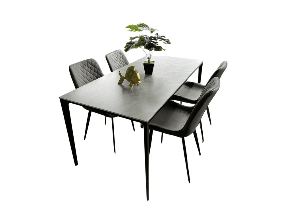 Bàn ăn Sofaland NEVA Mặt đá Ceramic màu trắng bóng chân vuông nhôm màu đen 140x70