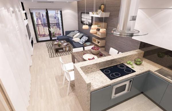 Trang trí phòng khách kết hợp phòng bếp