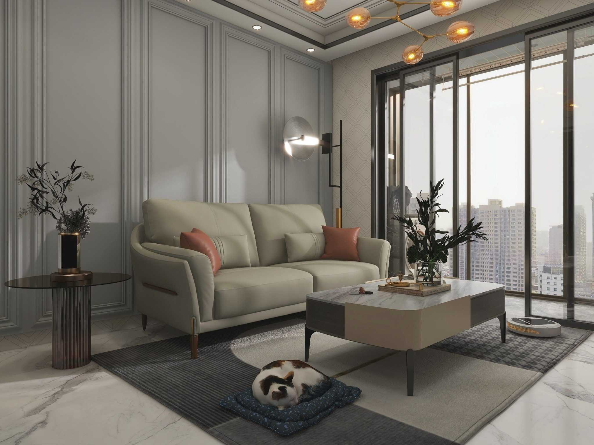 Sofa Văng Kuka 8159 da bò thật tiếp xúc màu ghi nhạt (O7805) 218x99x62